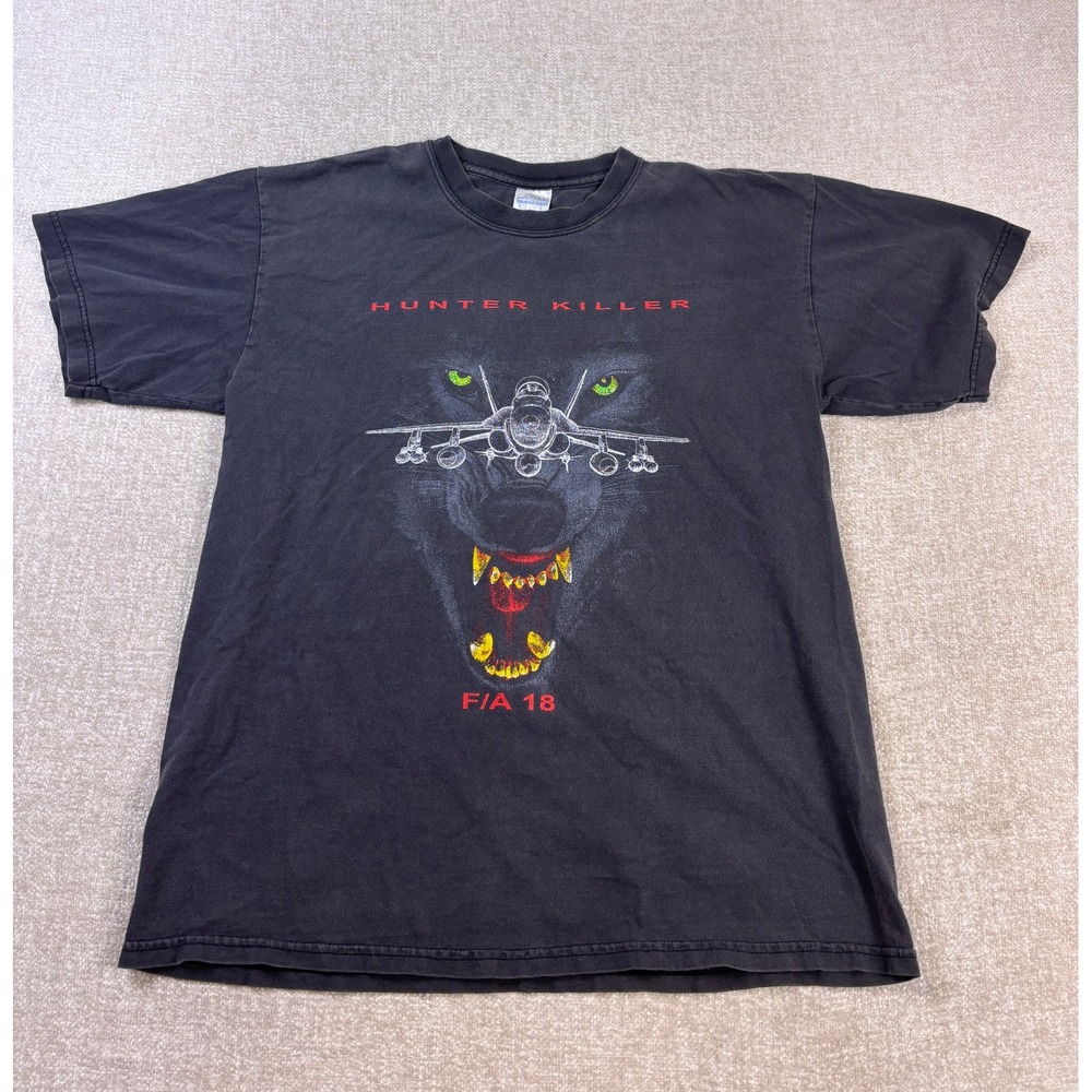 Vintage Gildan Hunter Killer F/A 18 Super Hornet Fighter Jet T-Shirt Black Large